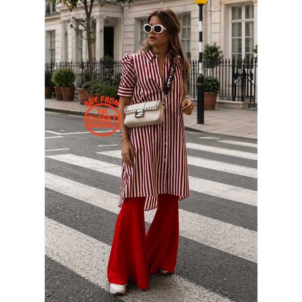 Zara NWT Red White Striped Cotton Puff Sleeve Shirt Dress Tunic L - Picture 2 of 16